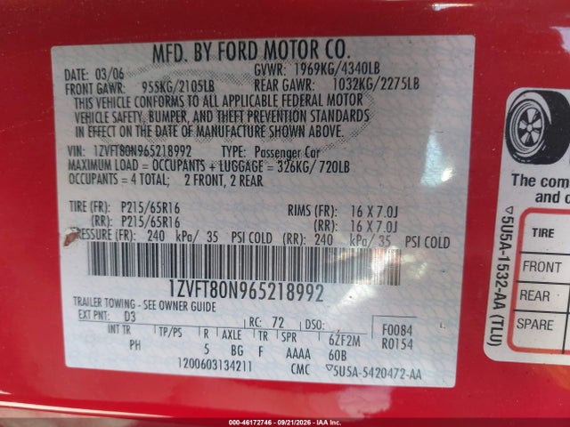2006 Ford Mustang V6 მანქანა იყიდება აუქციონზე, vin: 1ZVFT80N965218992, აუქციონის ნომერი: 46172746