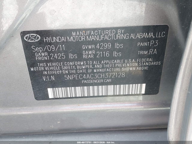 2012 Hyundai Sonata Limited მანქანა იყიდება აუქციონზე, vin: 5NPEC4AC3CH372128, აუქციონის ნომერი: 46172751