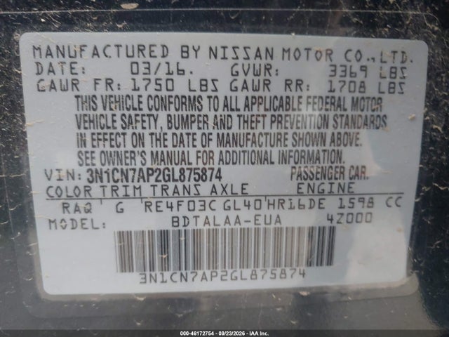 Продаж на аукціоні авто 2016 Nissan Versa 1.6 S, vin: 3N1CN7AP2GL875874, номер лоту: 46172754