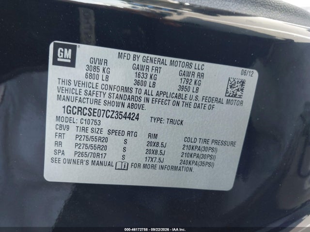 Продаж на аукціоні авто 2012 Chevrolet Silverado 1500 Lt, vin: 1GCRCSE07CZ354424, номер лоту: 46172758
