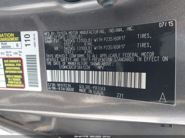Продажа на аукционе авто 2015 Toyota Sienna Le 8 Passenger, vin: 5TDKK3DC5FS641238, номер лота: 46172759