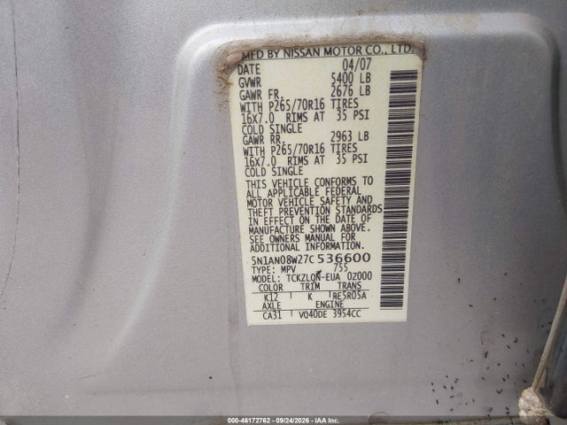 2007 Nissan Xterra X მანქანა იყიდება აუქციონზე, vin: 5N1AN08W27C536600, აუქციონის ნომერი: 46172762