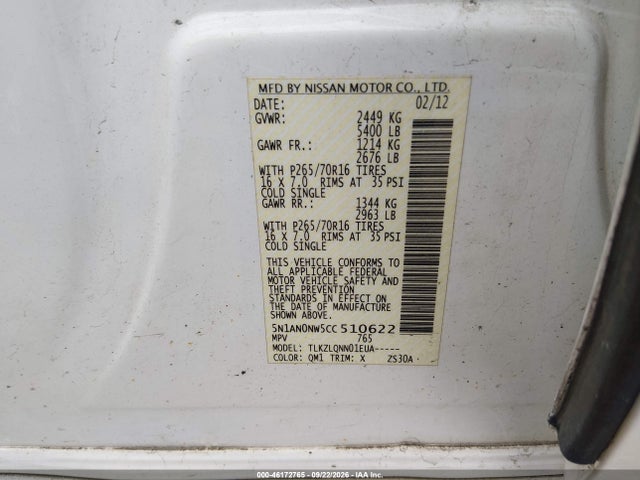 46172765 :رقم المزاد ، 5N1AN0NW5CC510622 vin ، 2012 Nissan Xterra X مزاد بيع