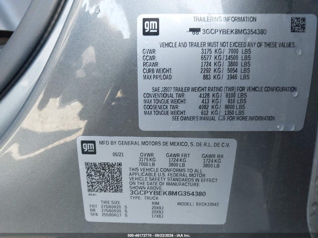 46172770 :رقم المزاد ، 3GCPYBEK8MG354380 vin ، 2021 Chevrolet Silverado 1500 4wd  Short Bed Custom مزاد بيع