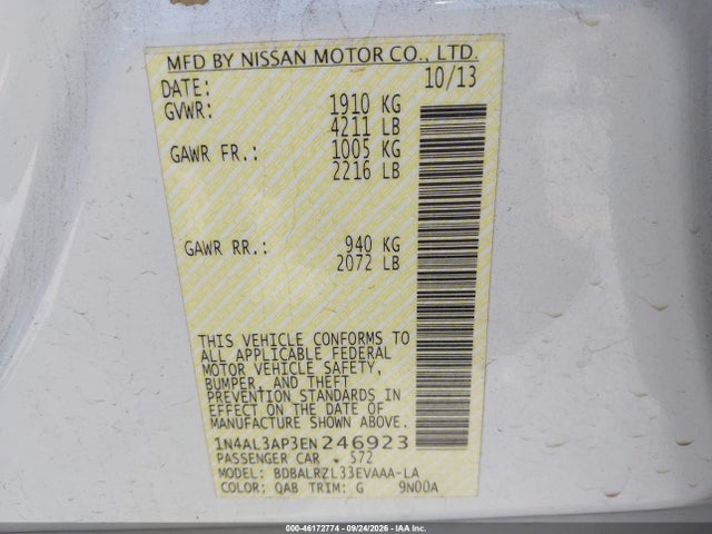 Продажа на аукционе авто 2014 Nissan Altima 2.5 S, vin: 1N4AL3AP3EN246923, номер лота: 46172774