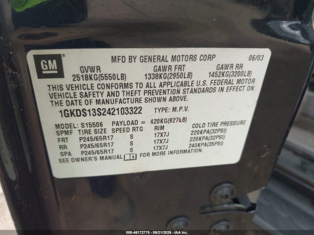 Auction sale of the 2004 Gmc Envoy Slt, vin: 1GKDS13S242103322, lot number: 46172775