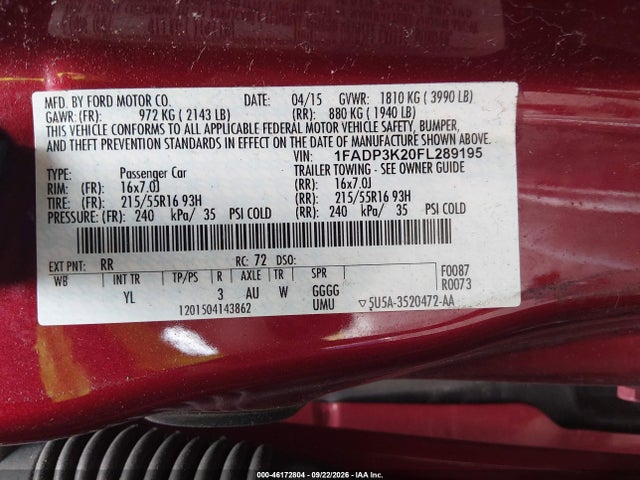 2015 Ford Focus Se მანქანა იყიდება აუქციონზე, vin: 1FADP3K20FL289195, აუქციონის ნომერი: 46172804