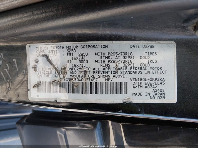 46172806 :رقم المزاد ، JT3GN87R0W0077497 vin ، 1998 Toyota 4runner Sr5 V6 Limited مزاد بيع