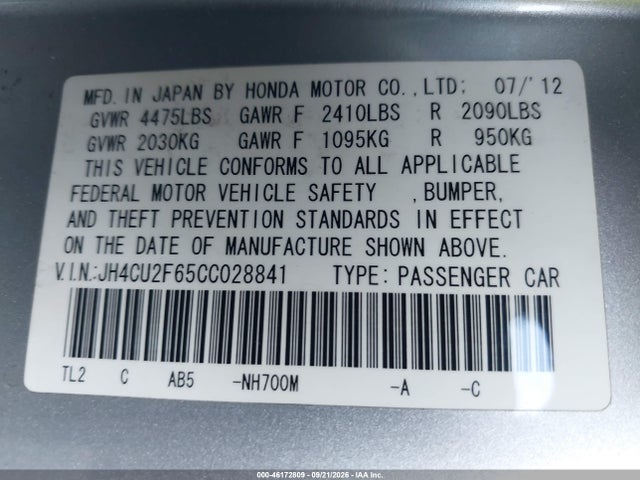 46172809 :رقم المزاد ، JH4CU2F65CC028841 vin ، 2012 Acura Tsx 2.4 مزاد بيع