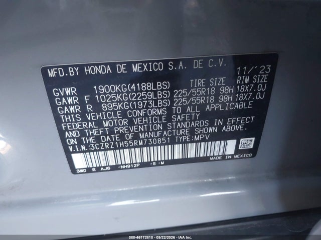 46172810 :رقم المزاد ، 3CZRZ1H55RM730851 vin ، 2024 Honda Hr-v 2wd Sport/2wd Sport W/o Bsi مزاد بيع