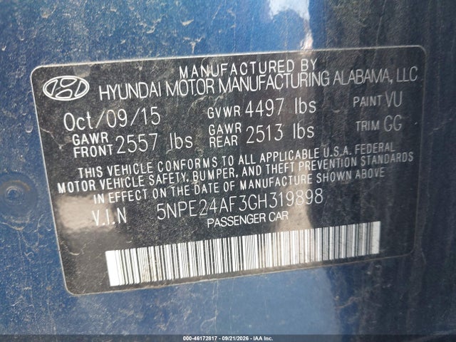 Aukcja sprzedaży 2016 Hyundai Sonata Se, vin: 5NPE24AF3GH319898, numer aukcji: 46172817