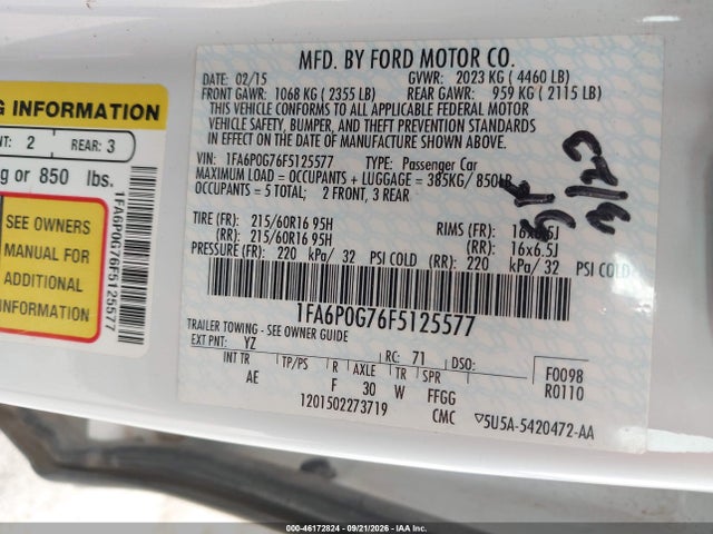 46172824 :رقم المزاد ، 1FA6P0G76F5125577 vin ، 2015 Ford Fusion S مزاد بيع