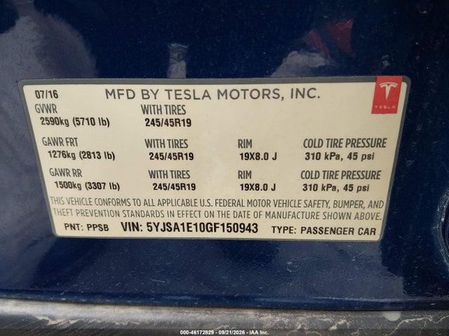 Aukcja sprzedaży 2016 Tesla Model S 60/70/75/85, vin: 5YJSA1E10GF150943, numer aukcji: 46172829