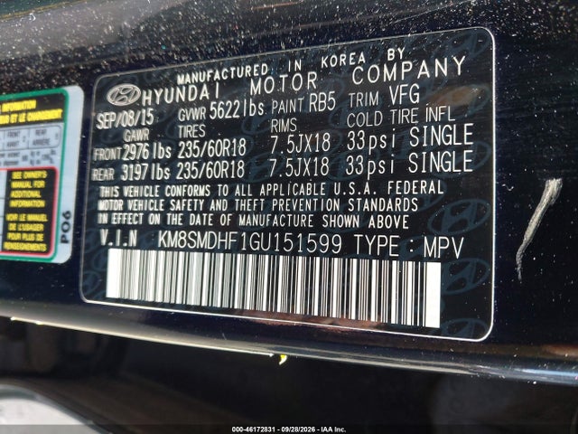 2016 Hyundai Santa Fe Se მანქანა იყიდება აუქციონზე, vin: KM8SMDHF1GU151599, აუქციონის ნომერი: 46172831