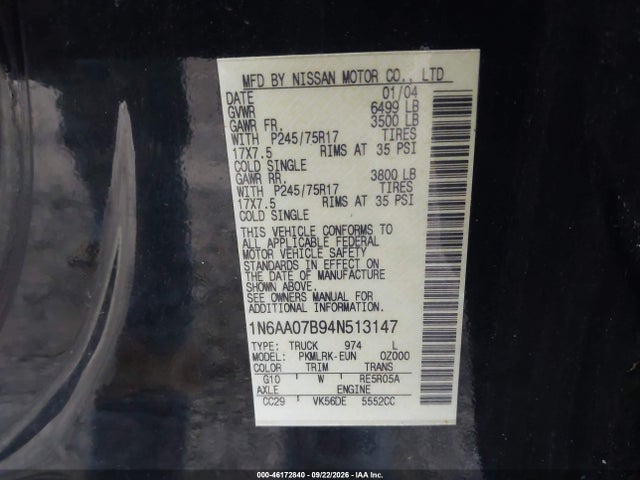 Продажа на аукционе авто 2004 Nissan Titan Xe, vin: 1N6AA07B94N513147, номер лота: 46172840