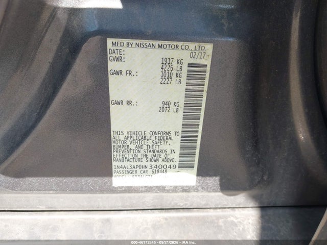 Продаж на аукціоні авто 2017 Nissan Altima 2.5 S, vin: 1N4AL3AP0HN340049, номер лоту: 46172845