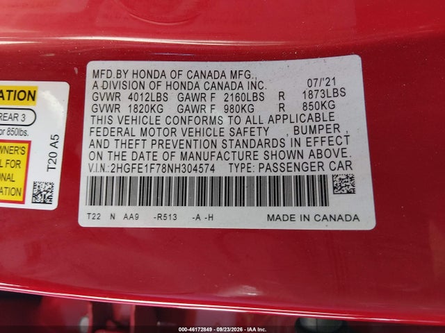2022 Honda Civic Ex მანქანა იყიდება აუქციონზე, vin: 2HGFE1F78NH304574, აუქციონის ნომერი: 46172849
