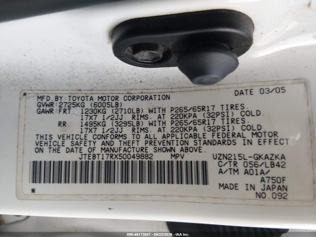 2005 Toyota 4runner Limited V8 მანქანა იყიდება აუქციონზე, vin: JTEBT17RX50049882, აუქციონის ნომერი: 46172857