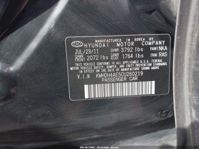 2012 Hyundai Elantra Gls (ulsan Plant) მანქანა იყიდება აუქციონზე, vin: KMHDH4AE5CU260219, აუქციონის ნომერი: 46172862