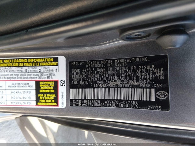 Продаж на аукціоні авто 2018 Toyota Camry Se, vin: 4T1B11HK8JU094992, номер лоту: 46172881