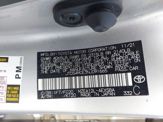 46172886 :رقم المزاد ، JTDS4MCE3NJ091665 vin ، 2022 Toyota Corolla Se مزاد بيع