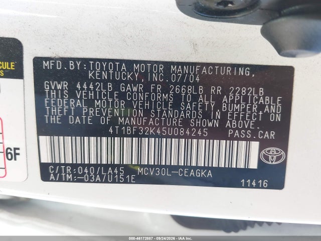 2005 Toyota Camry Xle V6 მანქანა იყიდება აუქციონზე, vin: 4T1BF32K45U084245, აუქციონის ნომერი: 46172887