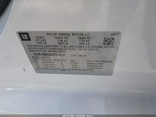 Aukcja sprzedaży 2017 Gmc Sierra 1500 Sle, vin: 1GTR1MEC8HZ314291, numer aukcji: 46172893