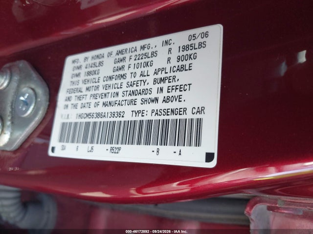Продаж на аукціоні авто 2006 Honda Accord 2.4 Se, vin: 1HGCM56386A139362, номер лоту: 46172892