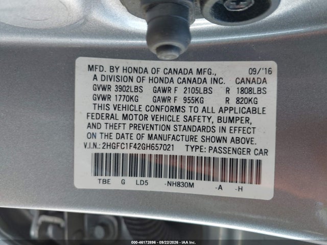 Продаж на аукціоні авто 2016 Honda Civic Ex-t, vin: 2HGFC1F42GH657021, номер лоту: 46172896