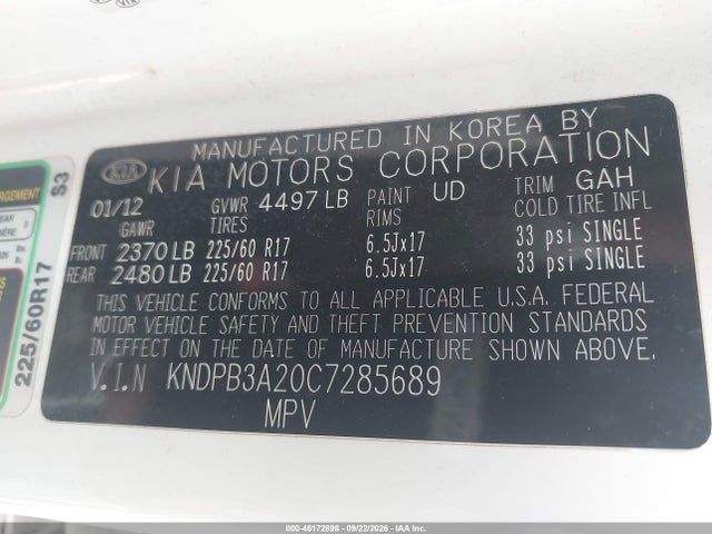 Aukcja sprzedaży 2012 Kia Sportage Lx, vin: KNDPB3A20C7285689, numer aukcji: 46172898