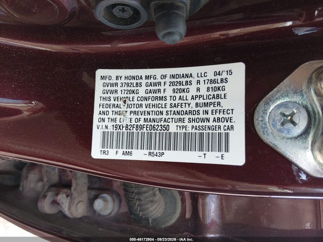 Продаж на аукціоні авто 2015 Honda Civic Ex, vin: 19XFB2F89FE062350, номер лоту: 46172904