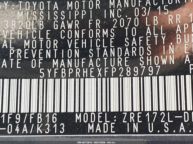 Продаж на аукціоні авто 2015 Toyota Corolla Le Eco Plus, vin: 5YFBPRHEXFP289797, номер лоту: 46172915