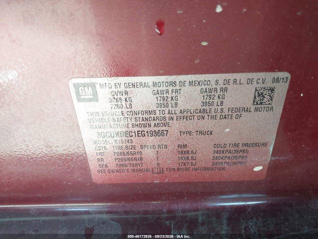 46172926 :رقم المزاد ، 3GCUKREC1EG193667 vin ، 2014 Chevrolet Silverado 1500 1lt مزاد بيع