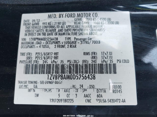 46172929 :رقم المزاد ، 1ZVBP8AM0D5256438 vin ، 2013 Ford Mustang V6 مزاد بيع