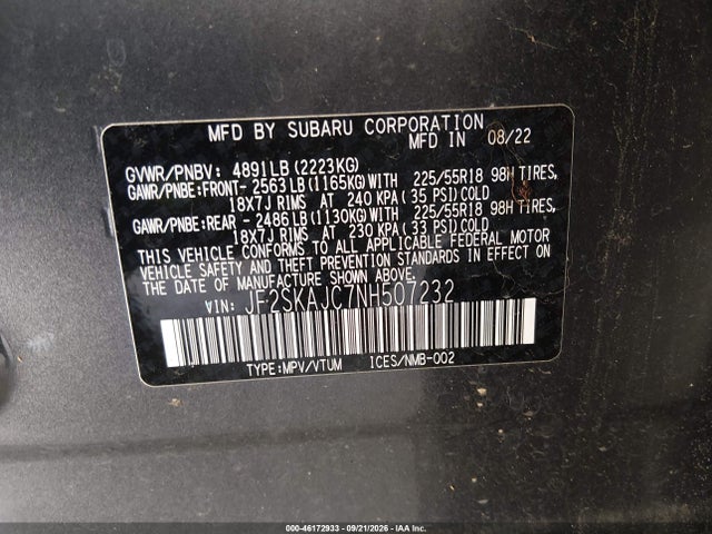 Продаж на аукціоні авто 2022 Subaru Forester Sport, vin: JF2SKAJC7NH507232, номер лоту: 46172933