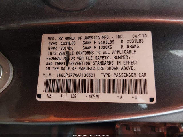 Aukcja sprzedaży 2010 Honda Accord 2.4 Ex, vin: 1HGCP2F7XAA130521, numer aukcji: 46172943