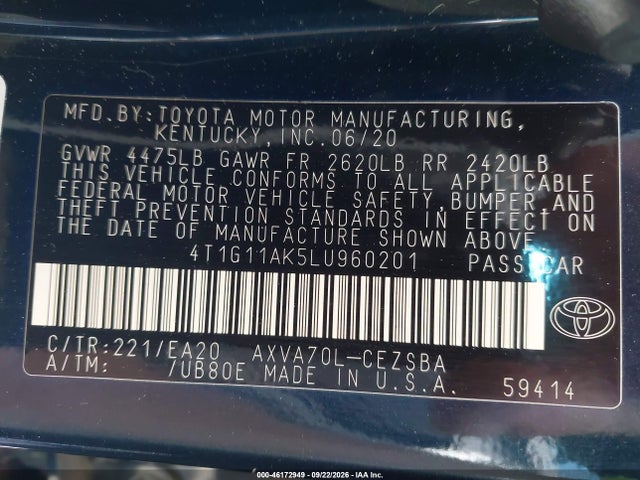 46172949 :رقم المزاد ، 4T1G11AK5LU960201 vin ، 2020 Toyota Camry Se مزاد بيع