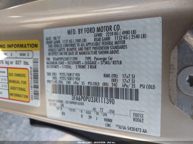 2018 Ford Fusion Energi Se Luxury მანქანა იყიდება აუქციონზე, vin: 3FA6P0PU3JR111390, აუქციონის ნომერი: 46172961