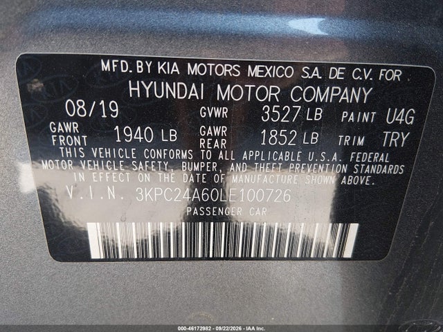 2020 Hyundai Accent Se მანქანა იყიდება აუქციონზე, vin: 3KPC24A60LE100726, აუქციონის ნომერი: 46172982