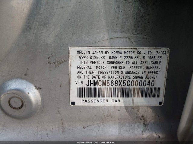 46172983 :رقم المزاد ، JHMCM568X5C000040 vin ، 2005 Honda Accord 2.4 Ex مزاد بيع