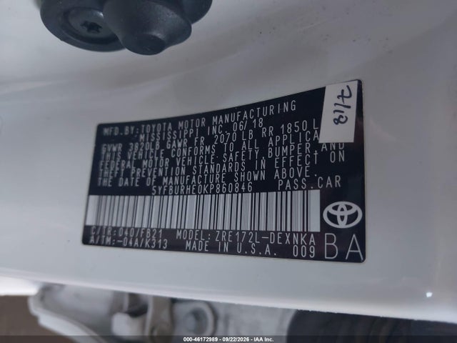 Aukcja sprzedaży 2019 Toyota Corolla Le, vin: 5YFBURHE0KP860846, numer aukcji: 46172989