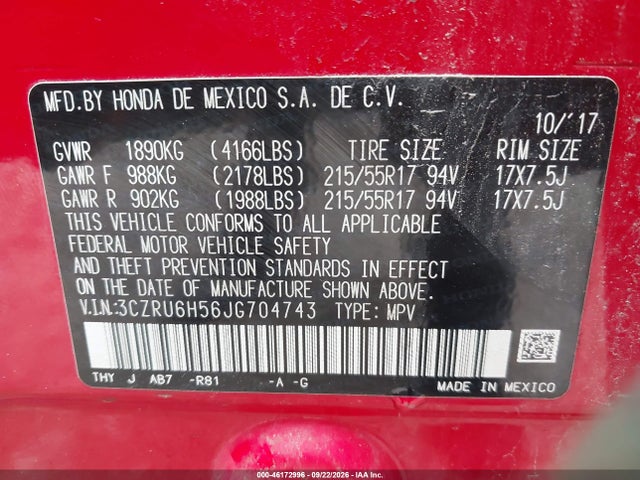 2018 Honda Hr-v Ex მანქანა იყიდება აუქციონზე, vin: 3CZRU6H56JG704743, აუქციონის ნომერი: 46172996