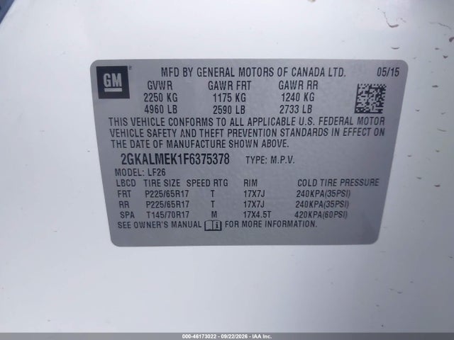 GMC Terrain Sle-1 2015 2GKALMEK1F6375378 Image 9