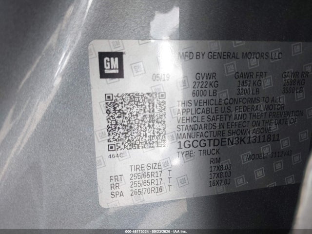 46173024 :رقم المزاد ، 1GCGTDEN3K1311811 vin ، 2019 Chevrolet Colorado Z71 مزاد بيع