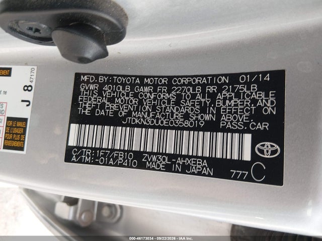 46173034 :رقم المزاد ، JTDKN3DU0E0358019 vin ، 2014 Toyota Prius Two مزاد بيع