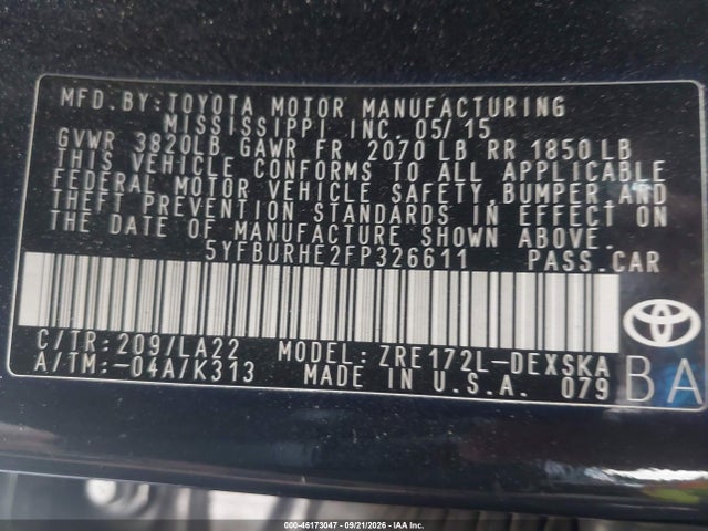 Продажа на аукционе авто 2015 Toyota Corolla, vin: 5YFBURHE2FP326611, номер лота: 46173047