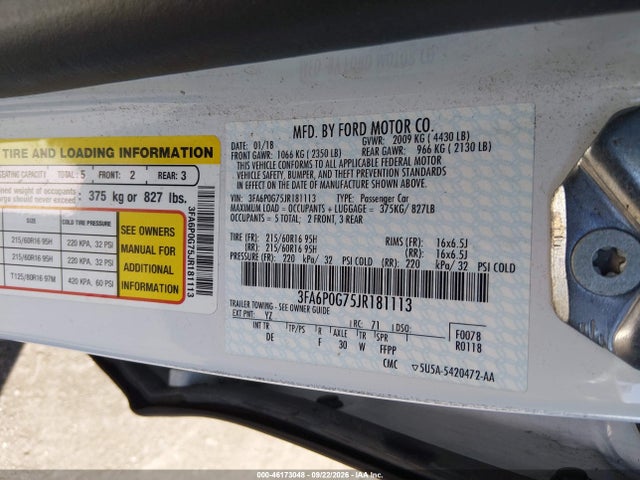 46173048 :رقم المزاد ، 3FA6P0G75JR181113 vin ، 2018 Ford Fusion S مزاد بيع