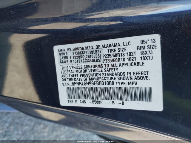 46173052 :رقم المزاد ، 5FNRL5H99EB001008 vin ، 2014 Honda Odyssey Touring/touring Elite مزاد بيع