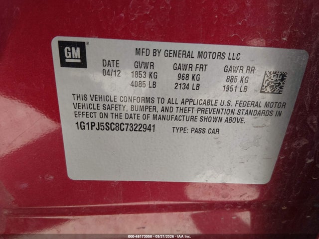 Aukcja sprzedaży 2012 Chevrolet Cruze Eco, vin: 1G1PJ5SC8C7322941, numer aukcji: 46173058