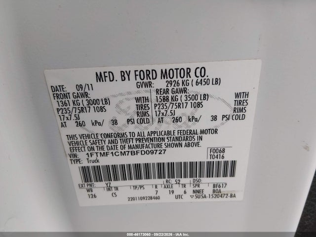 46173060 :رقم المزاد ، 1FTMF1CM7BFD09727 vin ، 2011 Ford F-150 Xl مزاد بيع